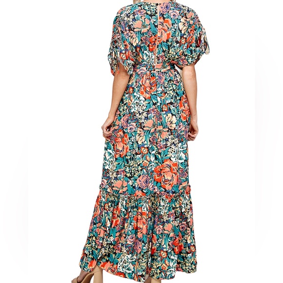SWEET LEMON Black Floral Kaftan Tied Sleeve Maxi Dress - Picture 3 of 4